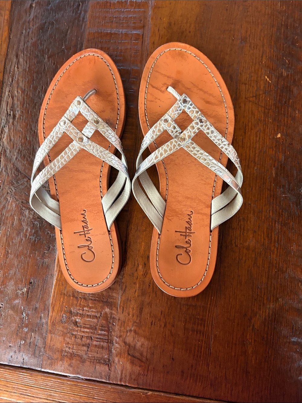 Cole Haan Silver Strappy Leather Thong Sandals